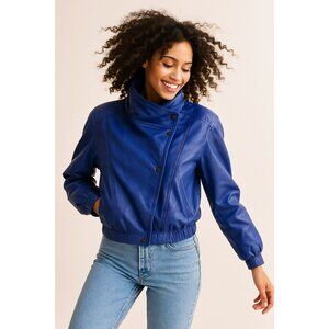 LNR Size M Vintage Cobalt High Collar Genuine Leather Jacket Snap Front Womens